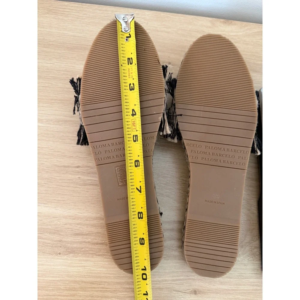 Anthro Paloma Barcelo 39 Black Tan Fringed Raffia Espadrille Slide Sandals Boho